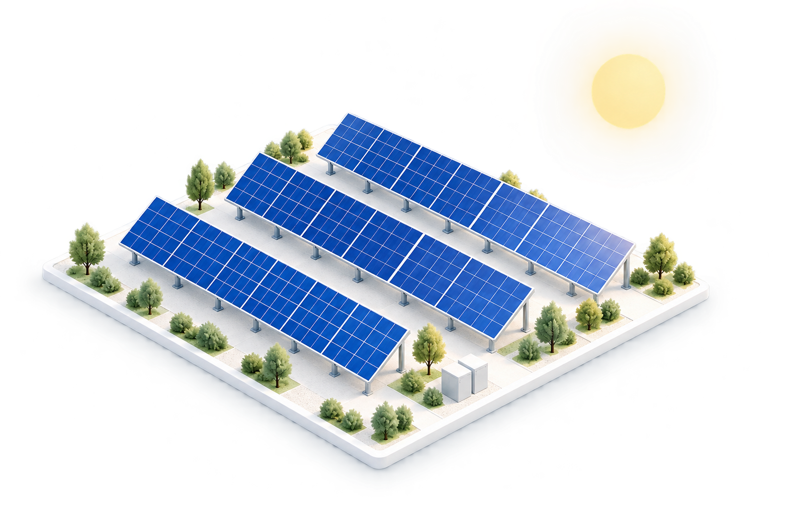 Güneş panelleri ve ağaçlarla çevrili bir güneş enerjisi santrali illüstrasyonu